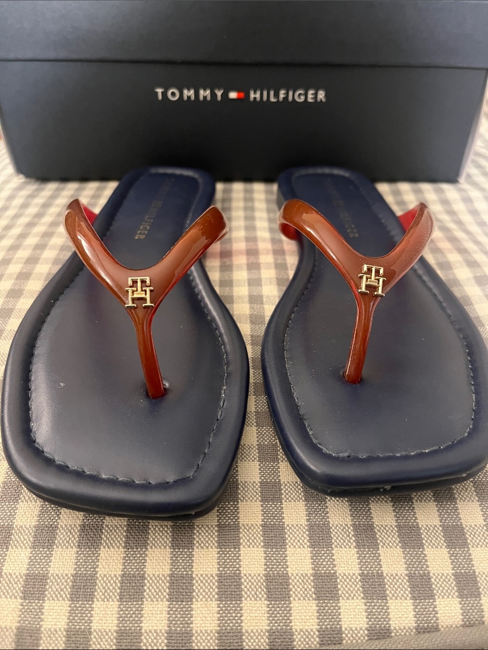 Tommy Hilfiger Navy and Brown Logo Thong Sandals